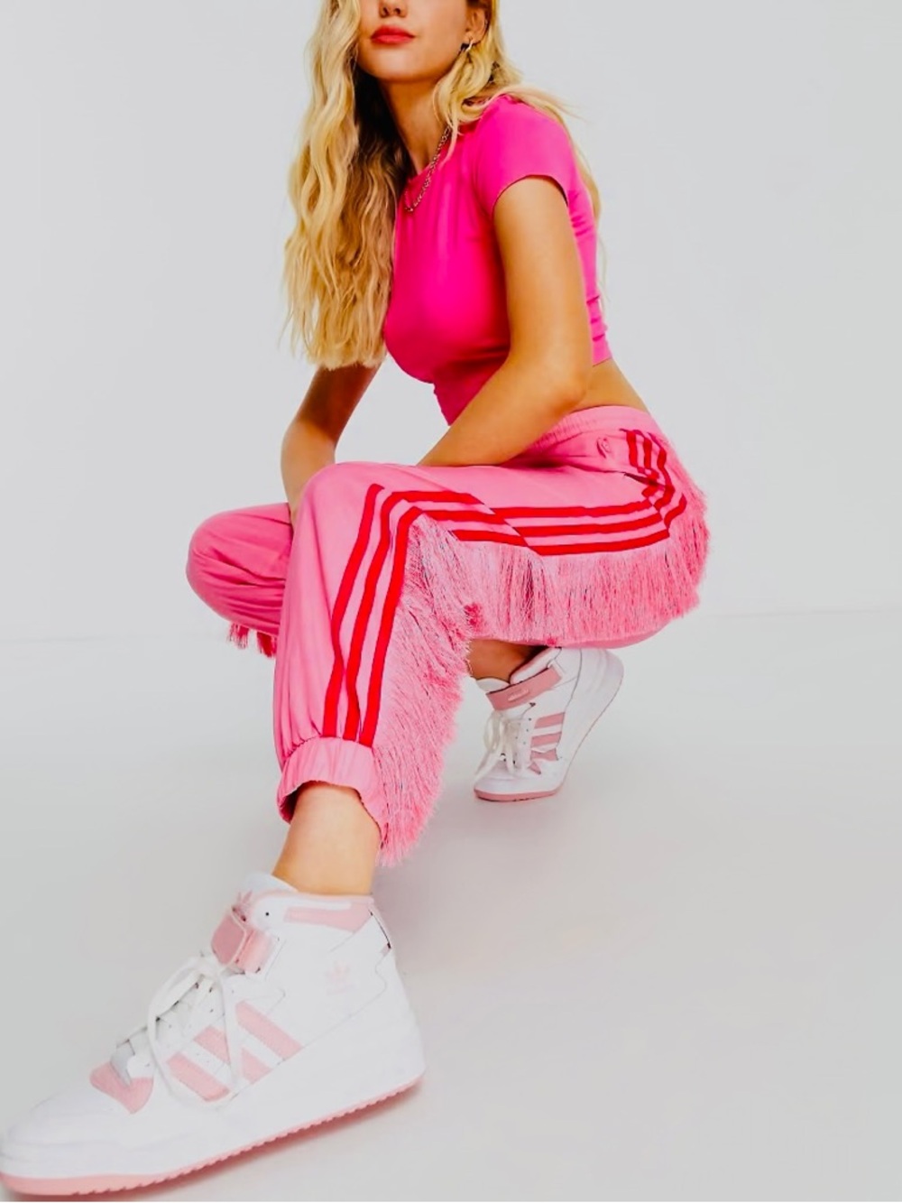 adidas Pink Fringe Track Pants with Three Stripes Small